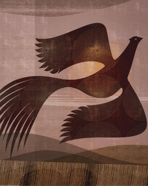 Illustration of a pheasant in flight over a rural landscape, rendered in a textured, patterned style with earth-toned colors.