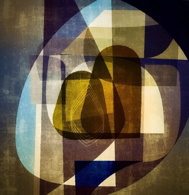 Abstract geometric composition with overlapping shapes in shades of blue, brown, yellow, and white creating a textured, modern aesthetic.