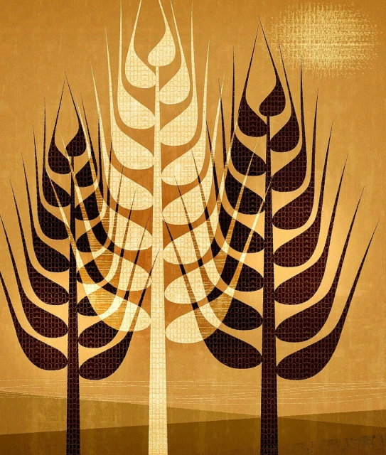 Graphical art of wheat stalks on an ochre background, featuring three stylized wheat stalks with geometric fill and a sun in the distance.