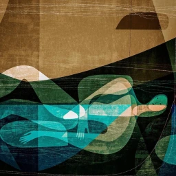 Stylized abstract illustration of a reclined figure in teal, blue, and green tones set against textured brown and black geometric fields.