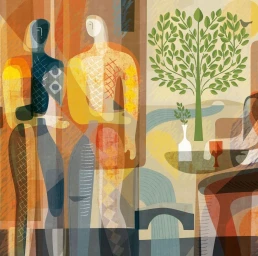 Cubist-style illustration featuring two standing figures on the left and a stylized tree indoors by Paul Wearing