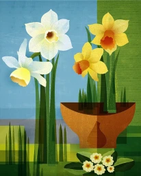 Digital illustration of white and yellow daffodils in a brown planter against a blue and green background by Paul Wearing.