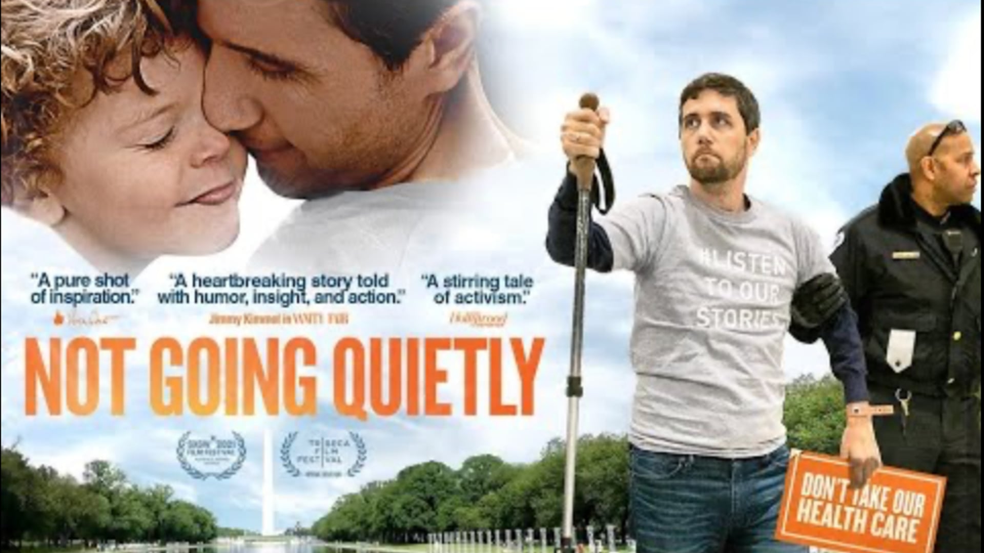 Movie poster for Not Going Quietly featuring a man holding hiking poles and an officer escorting him outdoors.