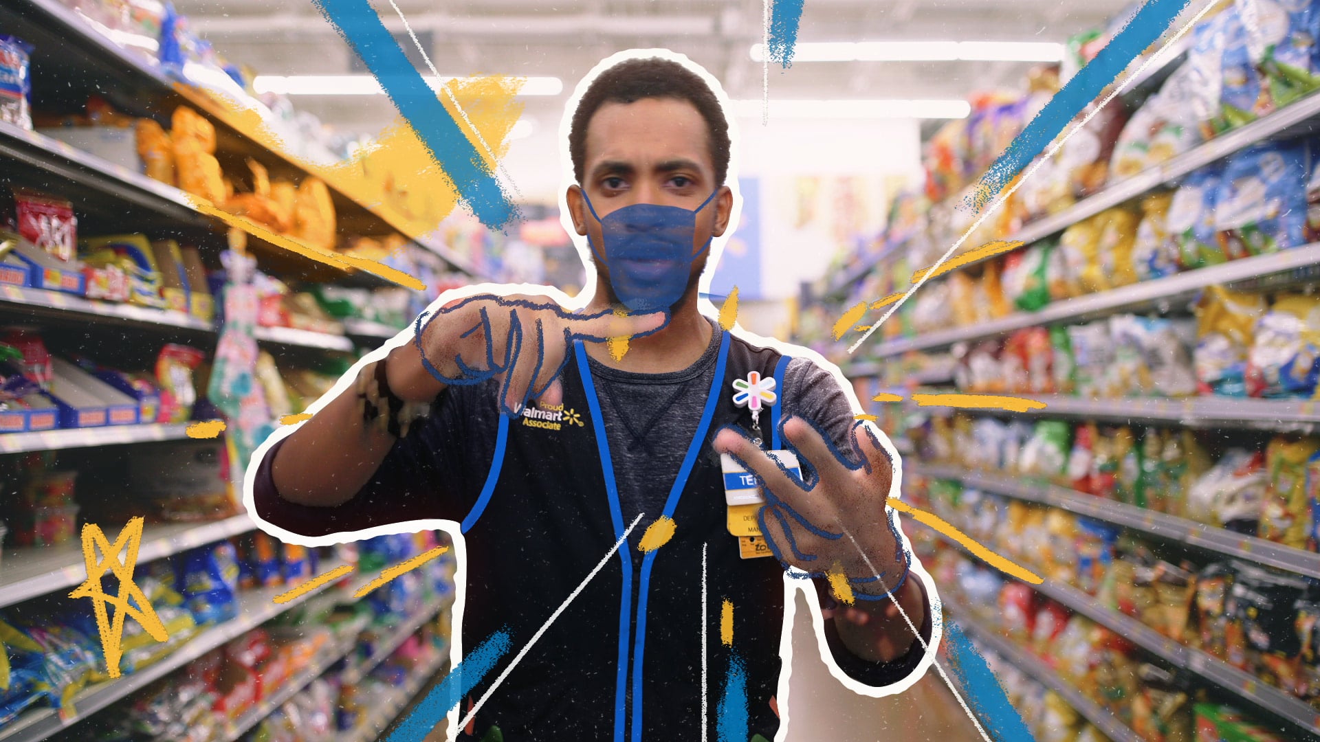 Retail worker in a blue vest wearing a face mask gesturing inside a supermarket aisle with graphic overlays