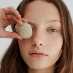 Close-up portrait of a young woman holding a smooth light-colored stone over one eye, photographed in Paris.