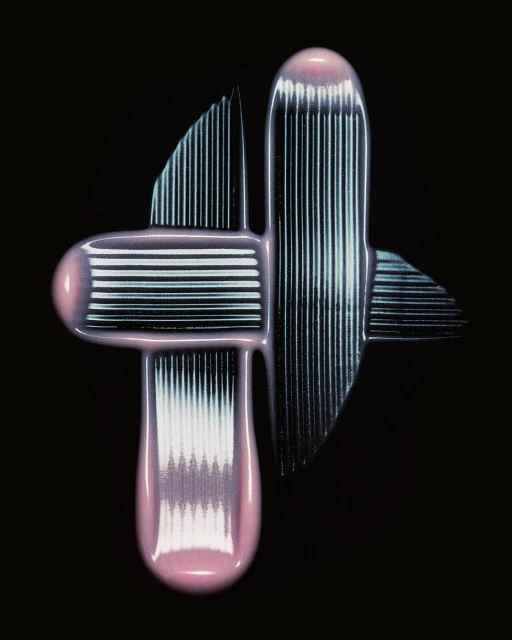 Abstract close-up of cross-shaped glossy smear with parallel lines, showing pink and blue iridescent shades against a black background.