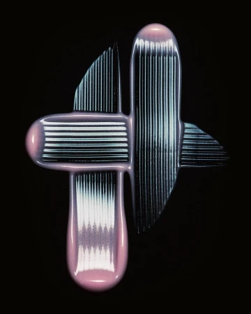Abstract close-up of cross-shaped glossy smear with parallel lines, showing pink and blue iridescent shades against a black background.