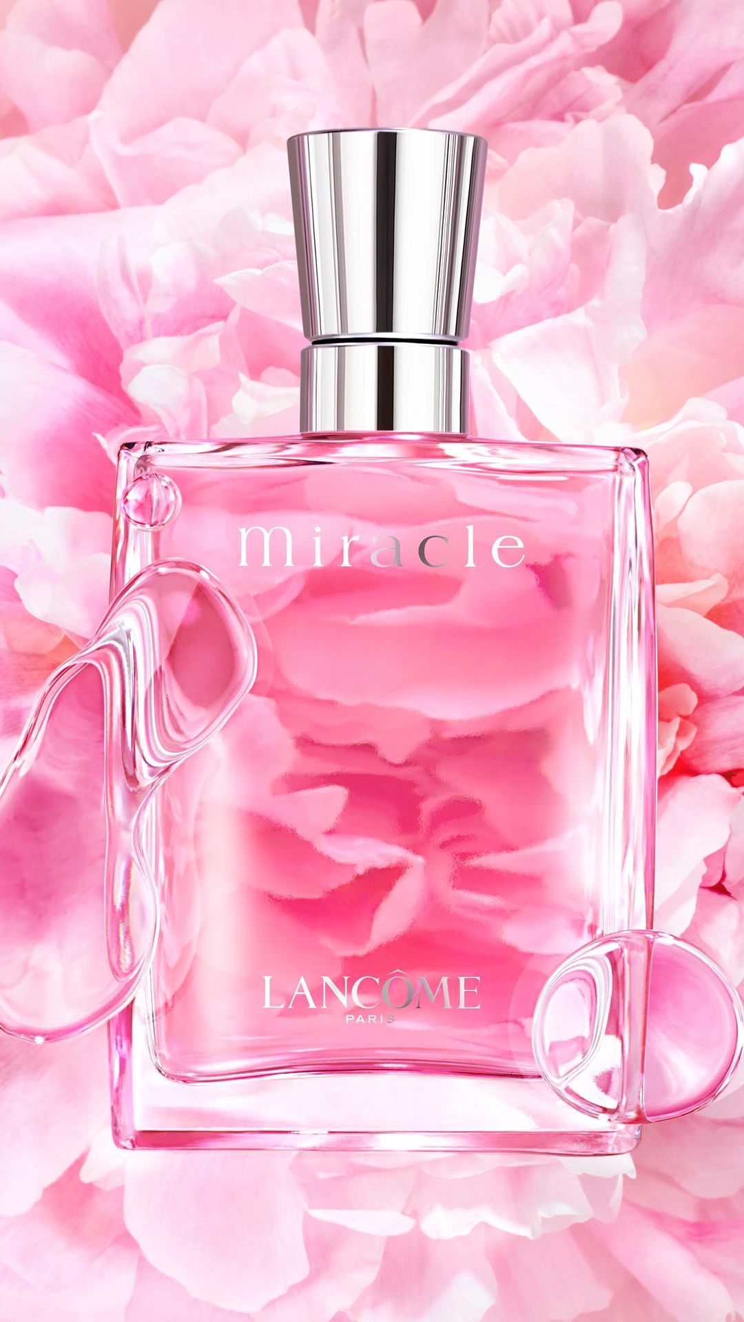 Lancôme Miracle perfume bottle on a soft pink peony floral background with transparent curved glass accents, beauty advertisement.