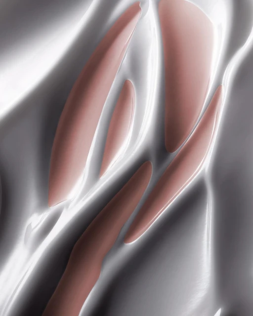 Abstract close-up of flowing, shiny, rose-toned makeup on a metallic, light-reflective surface with soft highlights and shadows.