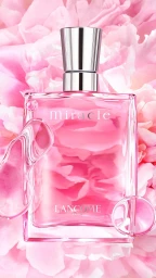 Lancome Miracle perfume bottle in pink liquid with water droplets against pink flower petals