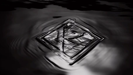 3D rendered metallic square emblem with an embossed letter resting in dark rippling water