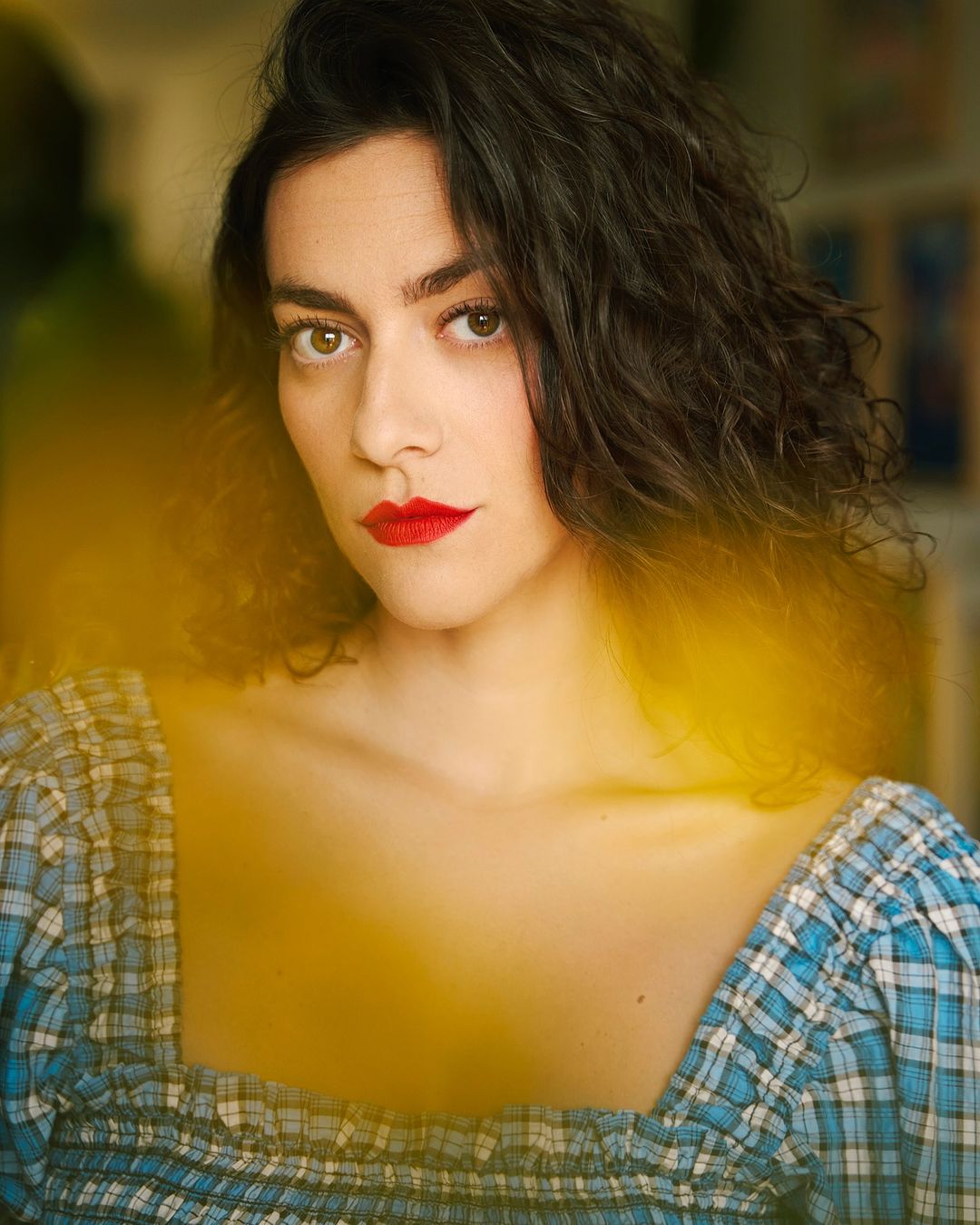 Portrait of an adult female with dark curly hair and red lipstick wearing a blue plaid top in a soft, diffused light setting.