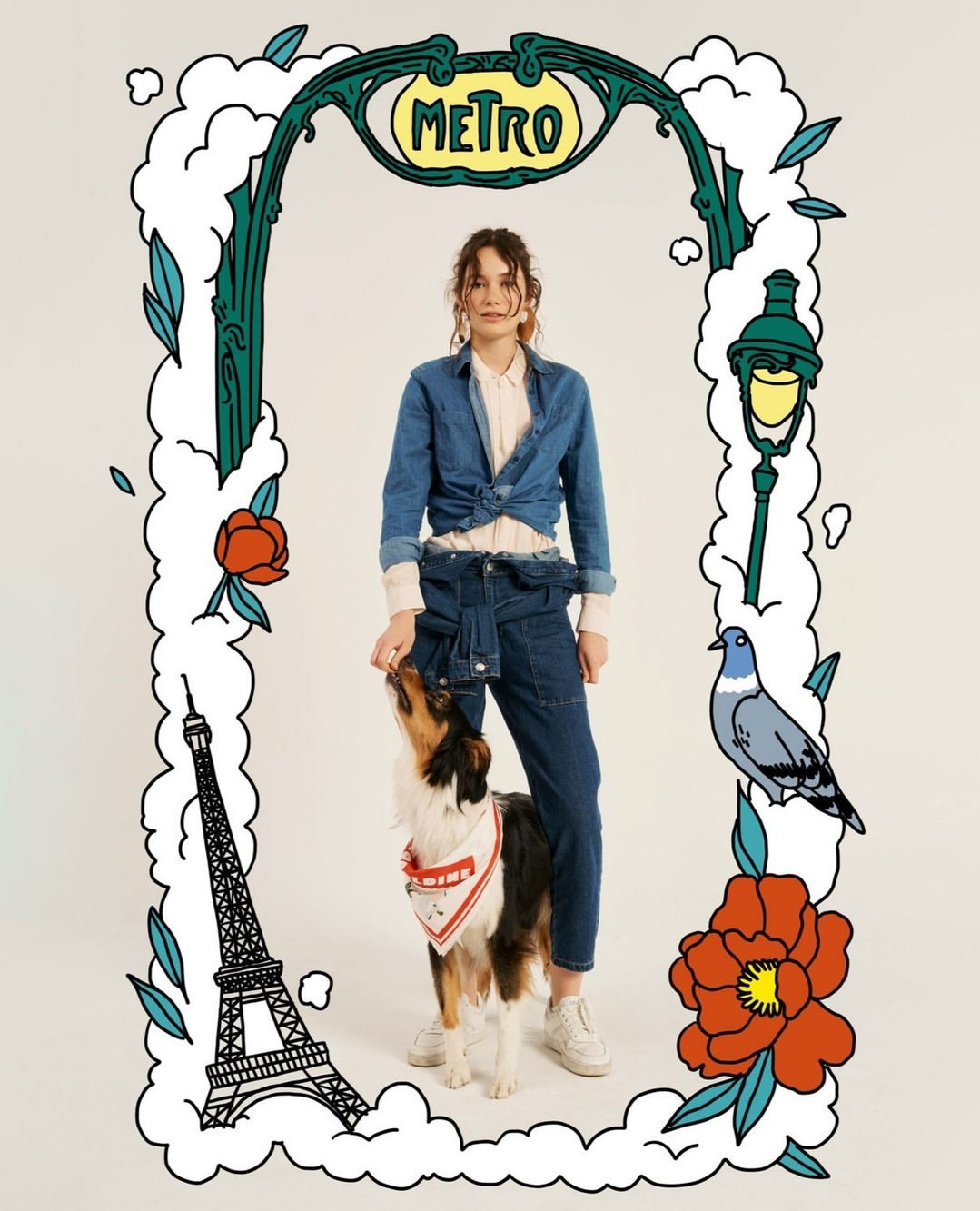 Woman with dog in front of an illustrated Parisian themed archway with the Eiffel tower, pigeon, street lamp, and METRO sign.