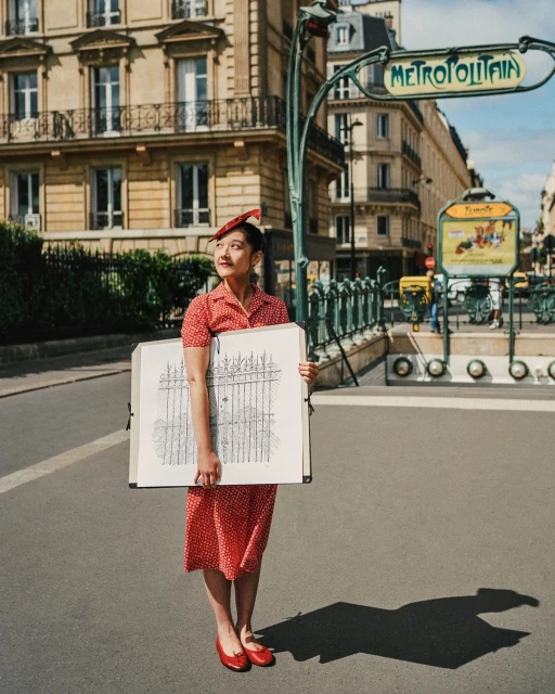 Adult woman in polka dot dress holding architectural drawing in Paris with Métropolitain station sign and Haussmannian building visible.