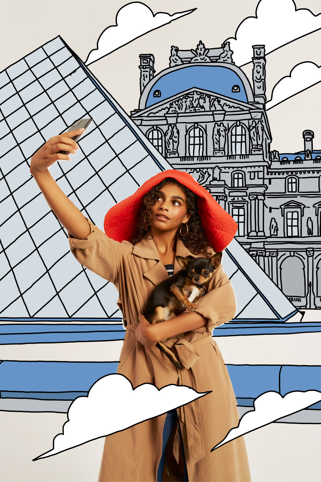 Woman takes a selfie holding a Chihuahua against an illustrated backdrop of the Louvre Museum in Paris under white cloud drawings.