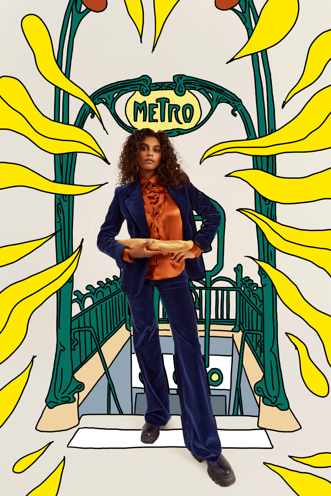 Woman in a blue suit poses in front of a hand-drawn Metro entrance, holding a baguette. Fashion editorial with illustrative elements.