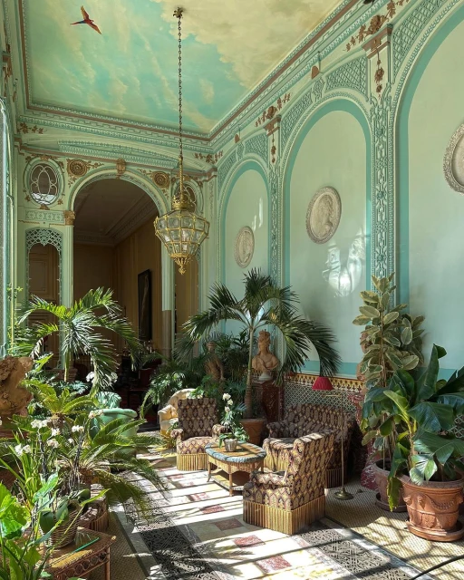 Opulent conservatory with patterned chairs, abundant potted plants, decorative chandelier, and arched architectural details under a painted sky ceiling.
