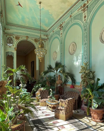 Opulent conservatory with patterned chairs, abundant potted plants, decorative chandelier, and arched architectural details under a painted sky ceiling.