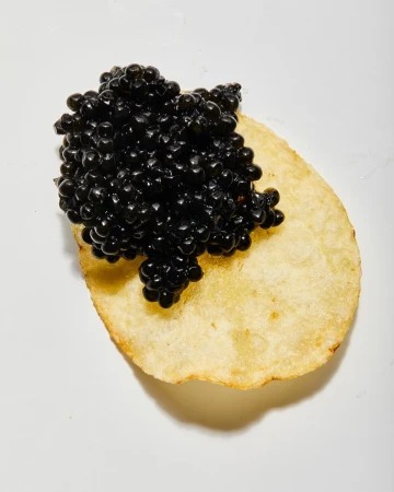 Close-up shot of black caviar atop a golden potato chip against a white background, highlighting the delicacy's texture and color contrast.