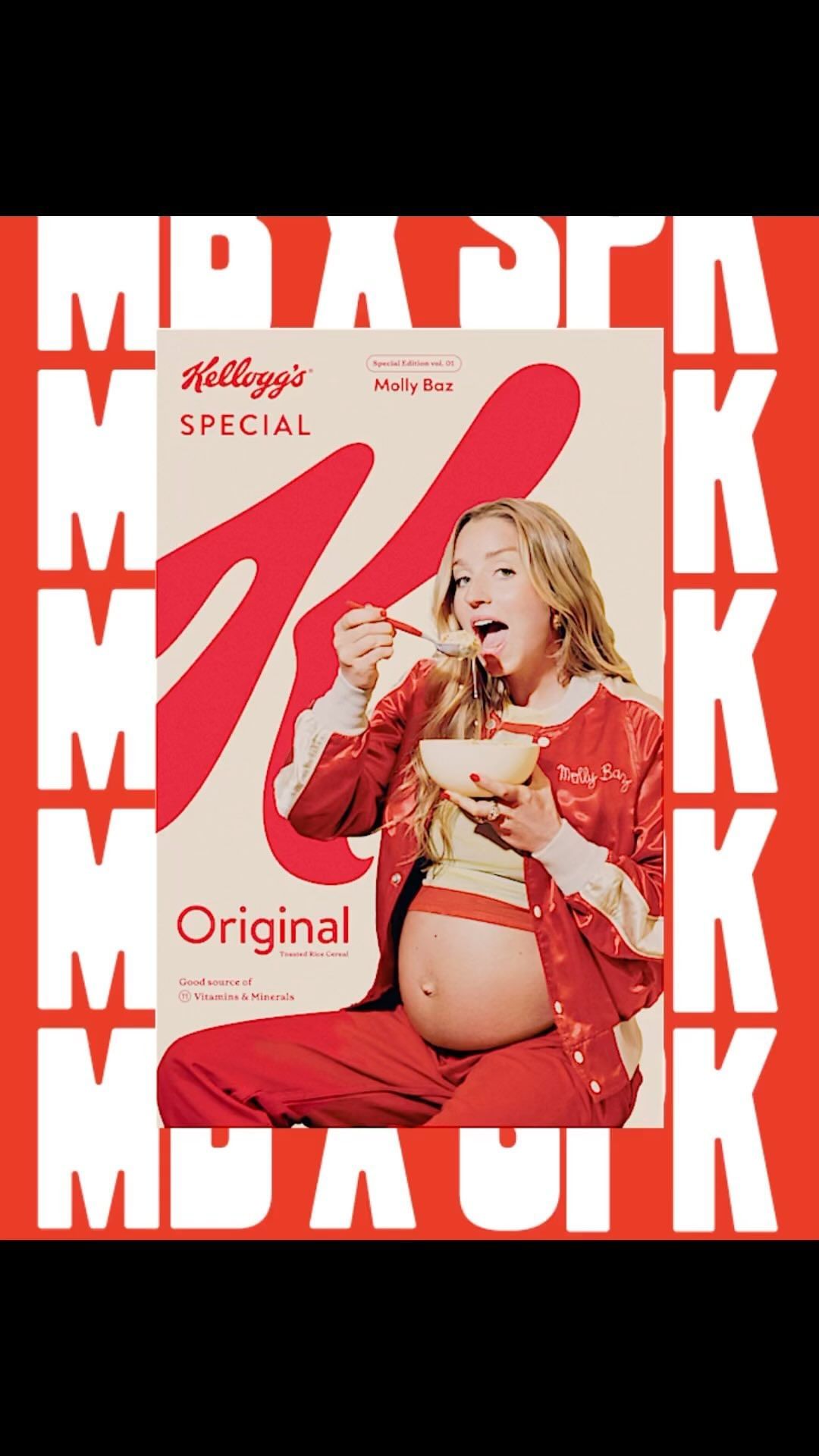 Pregnant woman in red tracksuit eating from a bowl in front of a Kellogg's Special K advertisement, against an orange background.