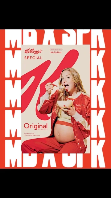 Pregnant woman in red tracksuit eating from a bowl in front of a Kellogg's Special K advertisement, against an orange background.