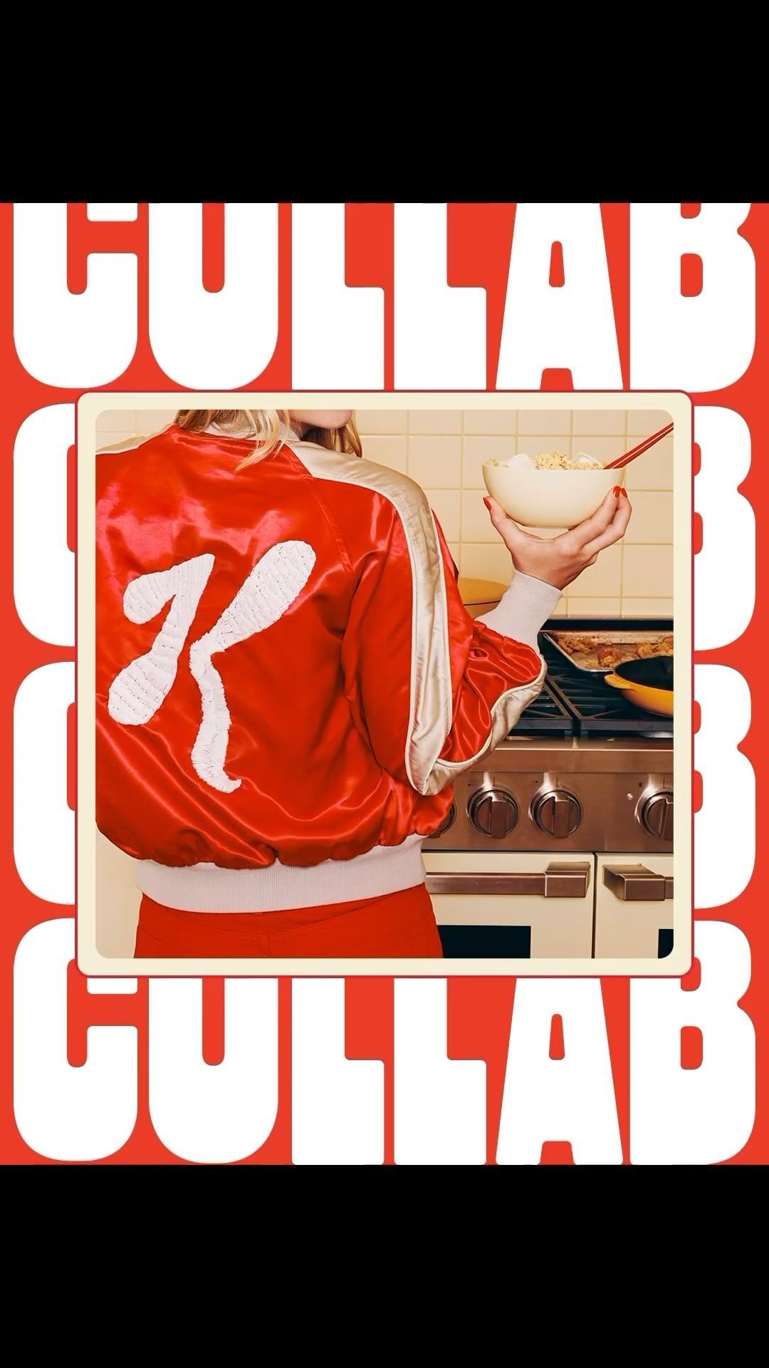 Blonde woman in red jacket with letter 'K' holding bowl in kitchen with vintage stove and 'CULLAB' text on red background.