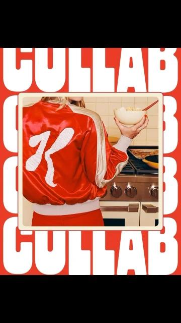 Blonde woman in red jacket with letter 'K' holding bowl in kitchen with vintage stove and 'CULLAB' text on red background.