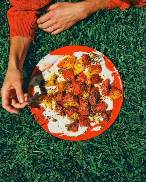 Overhead view of a plate of food held over green grass. The red and yellow food is topped with seasoning and sauce.
