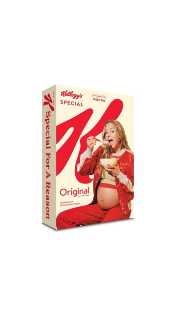 Kellogg's Special K cereal box featuring pregnant model Molly Sims eating cereal, presented against a white background.