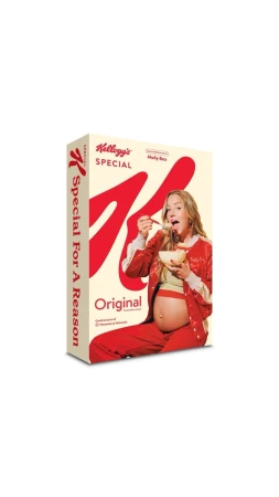 Kellogg's Special K cereal box featuring pregnant model Molly Sims eating cereal, presented against a white background.