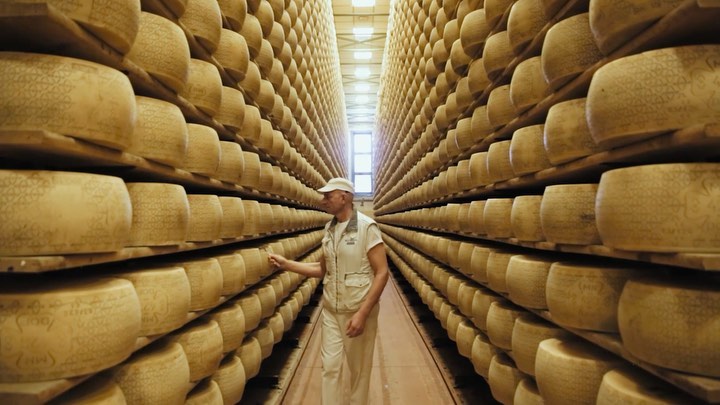 Worker inspecting aged Parmesan cheese wheels stacked high on shelves in a food production warehouse, emphasizing quality control and aging.