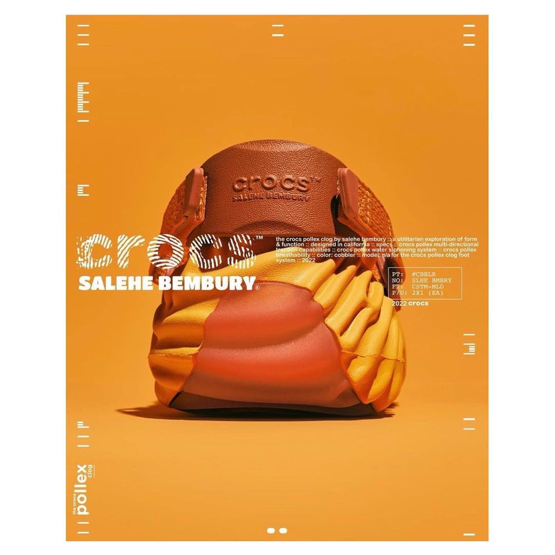 Promotional image of a Crocs shoe, Salehe Bembury edition, on an orange background featuring the shoe’s unique ridged design and Crocs logo.