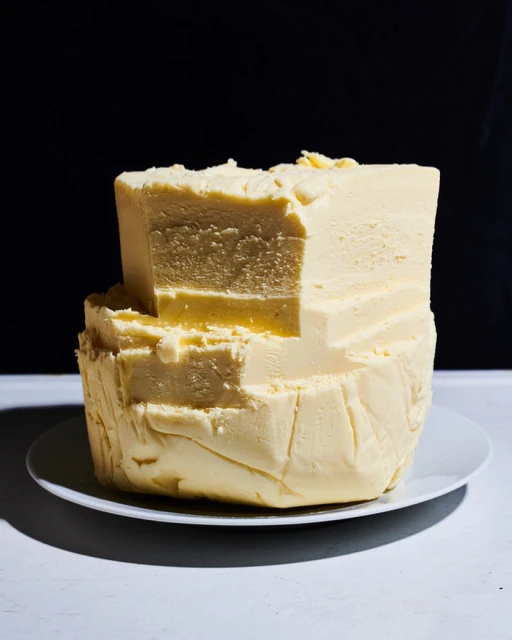 Stack of butter on a white plate against a dark background, showcasing its texture and rich color in a studio food photography shot.