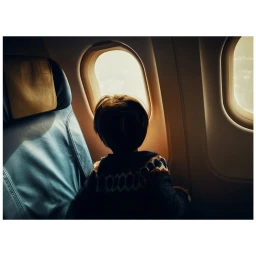 Child looking out an airplane window wearing a dark patterned sweater, seated next to an aircraft seat.