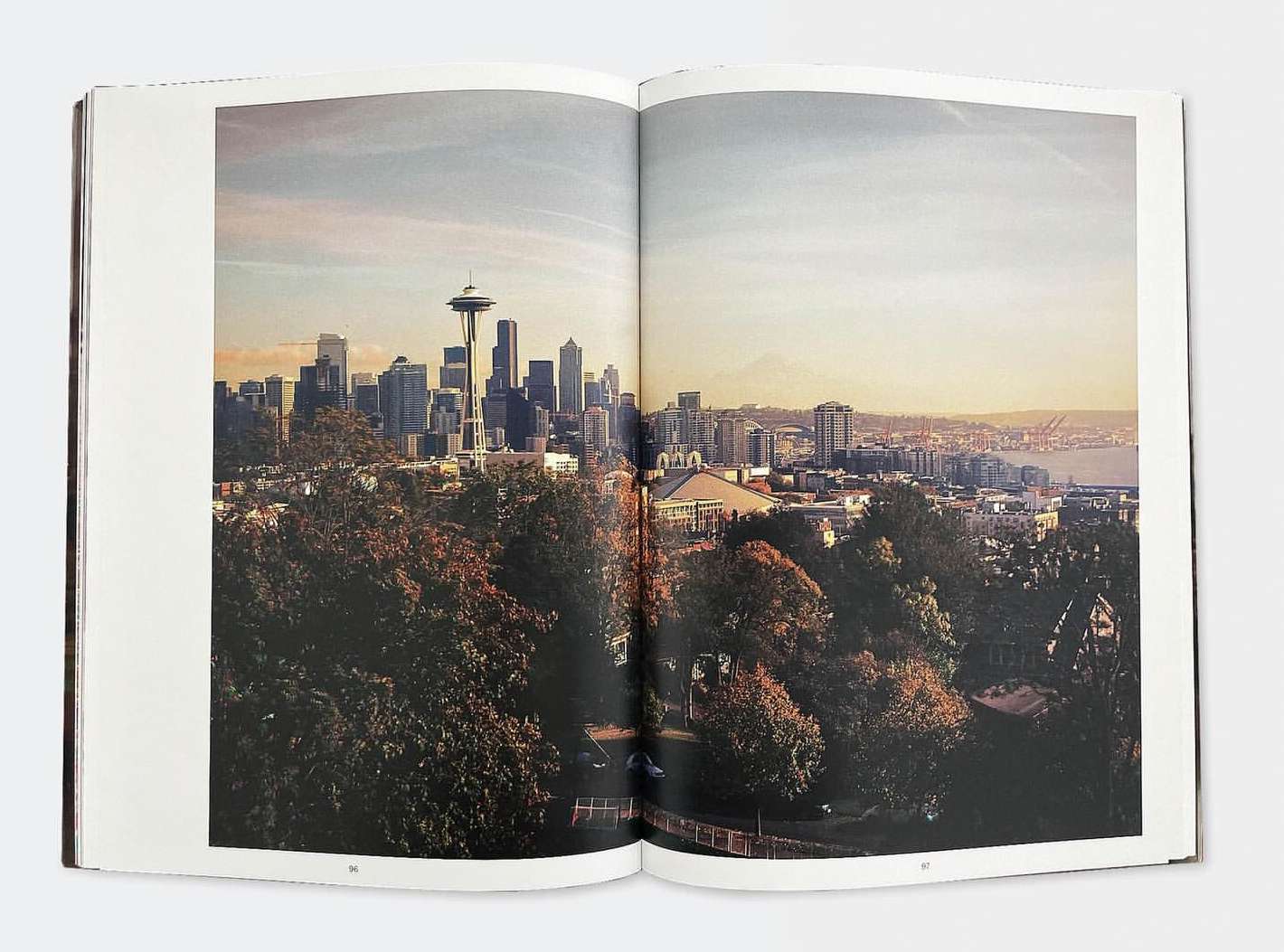 Seattle skyline from a distance, featuring the Space Needle and skyscrapers under a bright sky, as seen in a photography book.