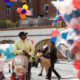 Older woman wearing a quilted jacket pushing a stroller with a child on a city street past large clusters of balloons