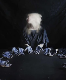 Portrait by Peter Funch showing a person with a motion-blurred head and dark clothing surrounded by painted hands
