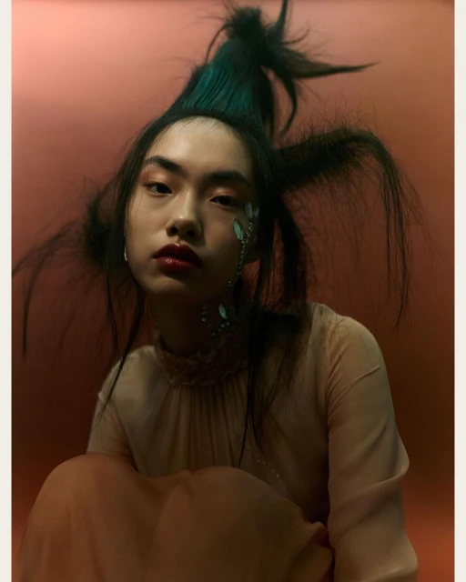 Woman with extravagant teal and black hair, wearing a blush-colored top and jewelry, against a peach-toned background, in a studio.