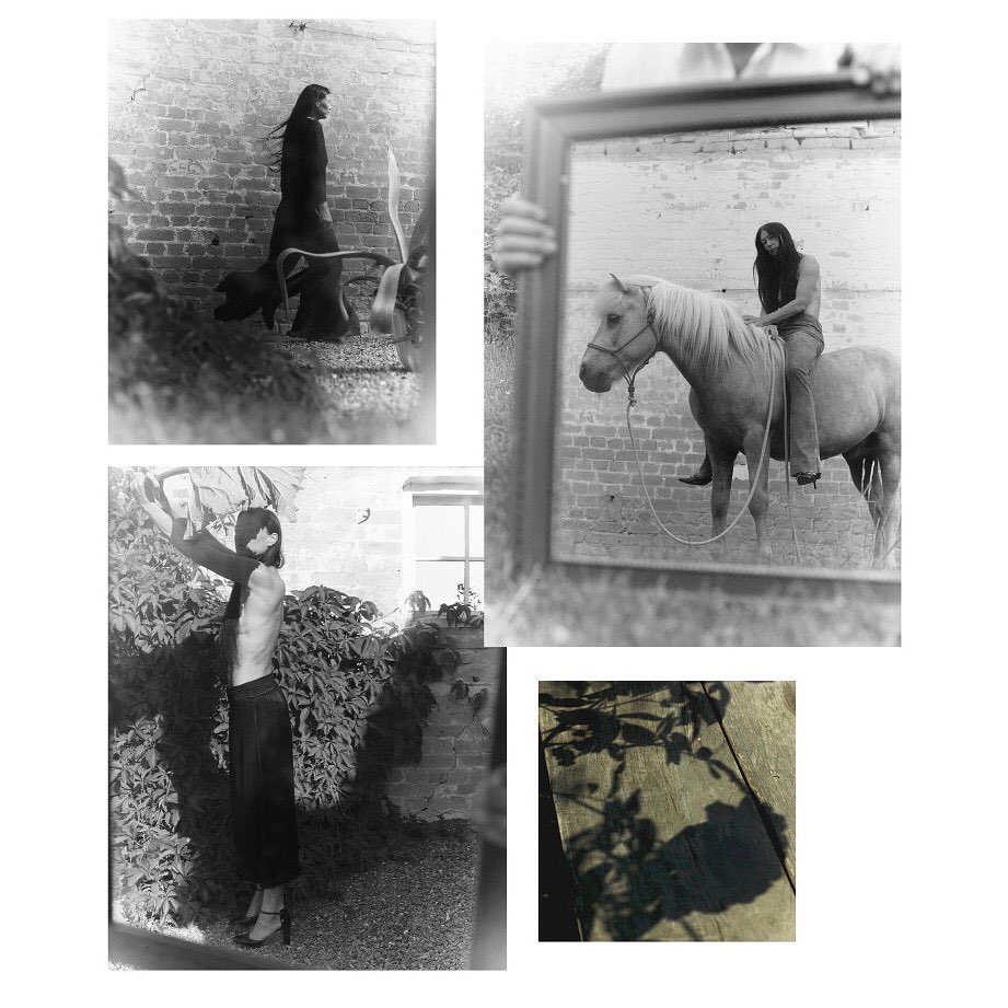Monochrome collage of woman in various poses with a horse in a rural outdoor setting with brick walls and climbing plants.