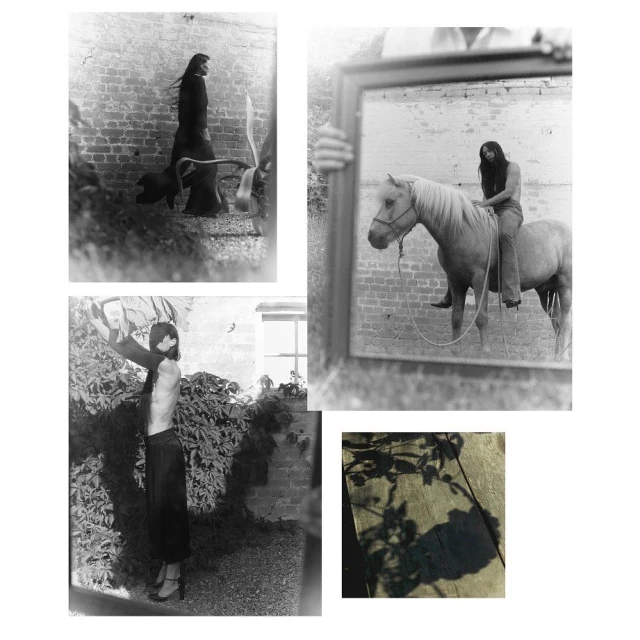 Monochrome collage of woman in various poses with a horse in a rural outdoor setting with brick walls and climbing plants.