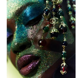 Close-up portrait of a Black woman with heavy green and gold glitter makeup and ornate hanging bead earrings by Peter Gehrke.
