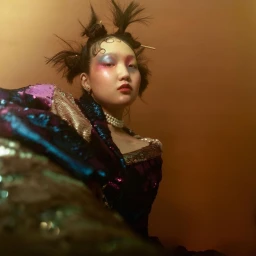 Portrait of a woman with dramatic eye makeup and spiky hair buns wearing a sequined garment and a pearl necklace against a warm wall.