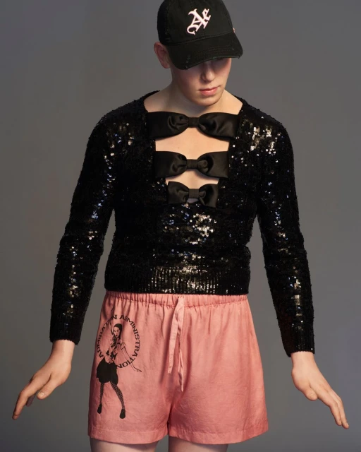 Adult male wearing a black sequined shirt with bow cutouts and pink shorts, set against a grey backdrop in a studio setting.