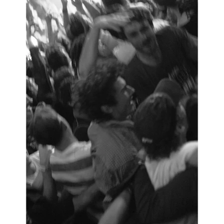 Crowd of people with raised arms at a music concert in black and white, capturing the energy of a live performance.
