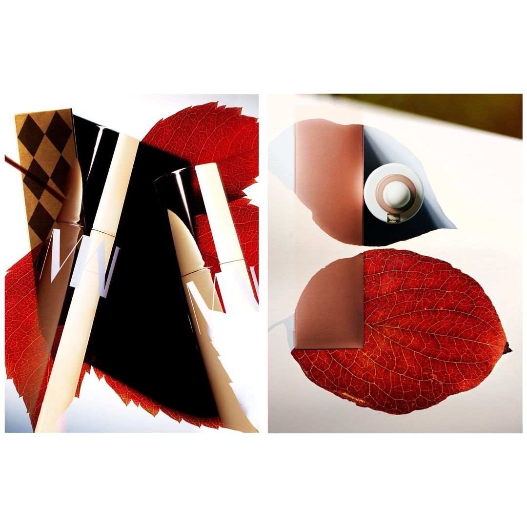 Two-panel composition features lipsticks and a perfume bottle with hat on red leaves against white, highlighting beauty product details.