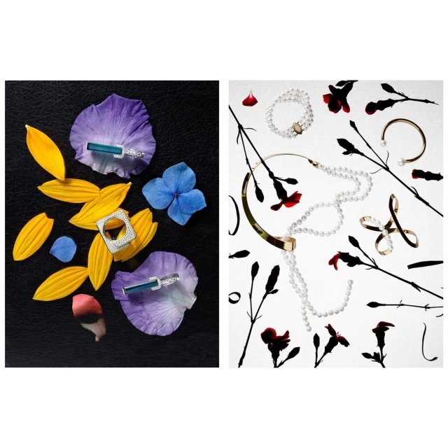 Jewelry flat lay featuring rings, a pearl necklace, and bracelets arranged with delicate petals and foliage, creating an elegant display.
