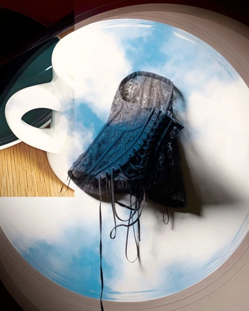 Conceptual shot of a blue and black lace corset against a sky and cloud background. Mug and woodgrain elements are present.