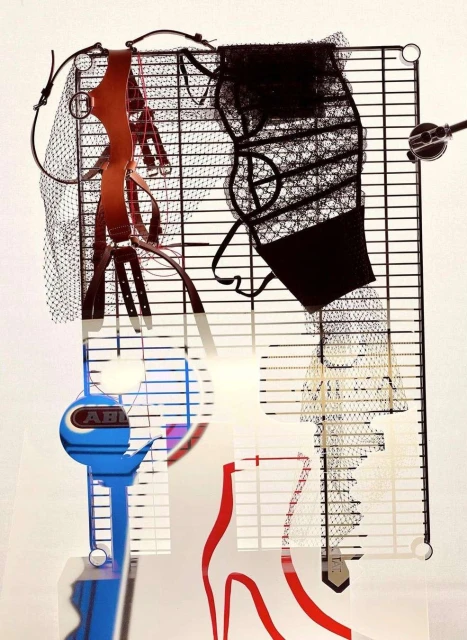 Abstract display featuring black mesh top, red harness and heel outline against a white background with blue motor and metal grid.