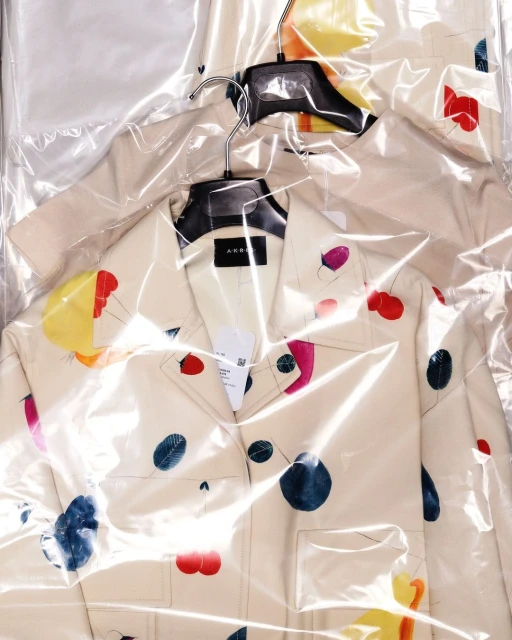 A printed coat and jacket hang in plastic garment bags. One jacket has colourful polka dots, and the other is a solid beige.