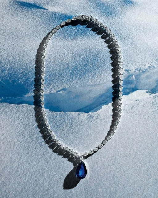 Elegant diamond necklace with teardrop sapphire pendant displayed on a snowy surface, highlighting luxury and natural contrast.